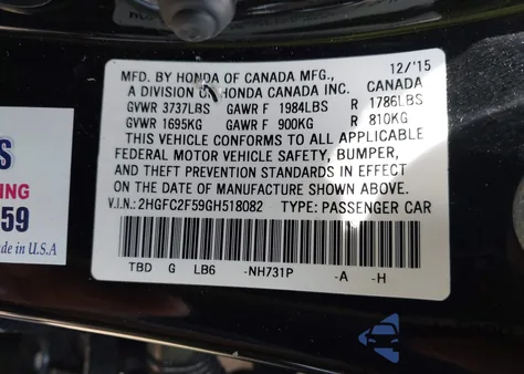 2016 Honda Civic Lx z USA, uszkodzony, nr VIN 2HGFC2F59GH518082